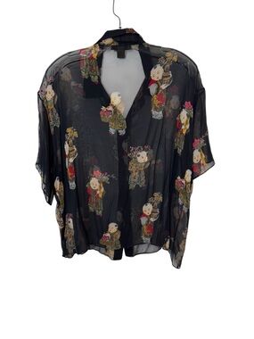 Harari Shirt Black Chiffon Silk Asian Men  Floral Print Top Blouse USA Size L